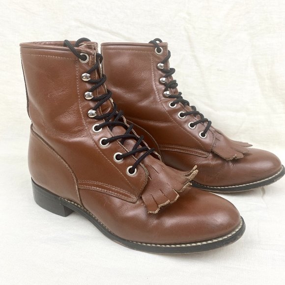 Justin Boots Shoes - Vintage 1980s Justin Leather Brown Lace Up Roper Western Cowboy Kiltie Boots